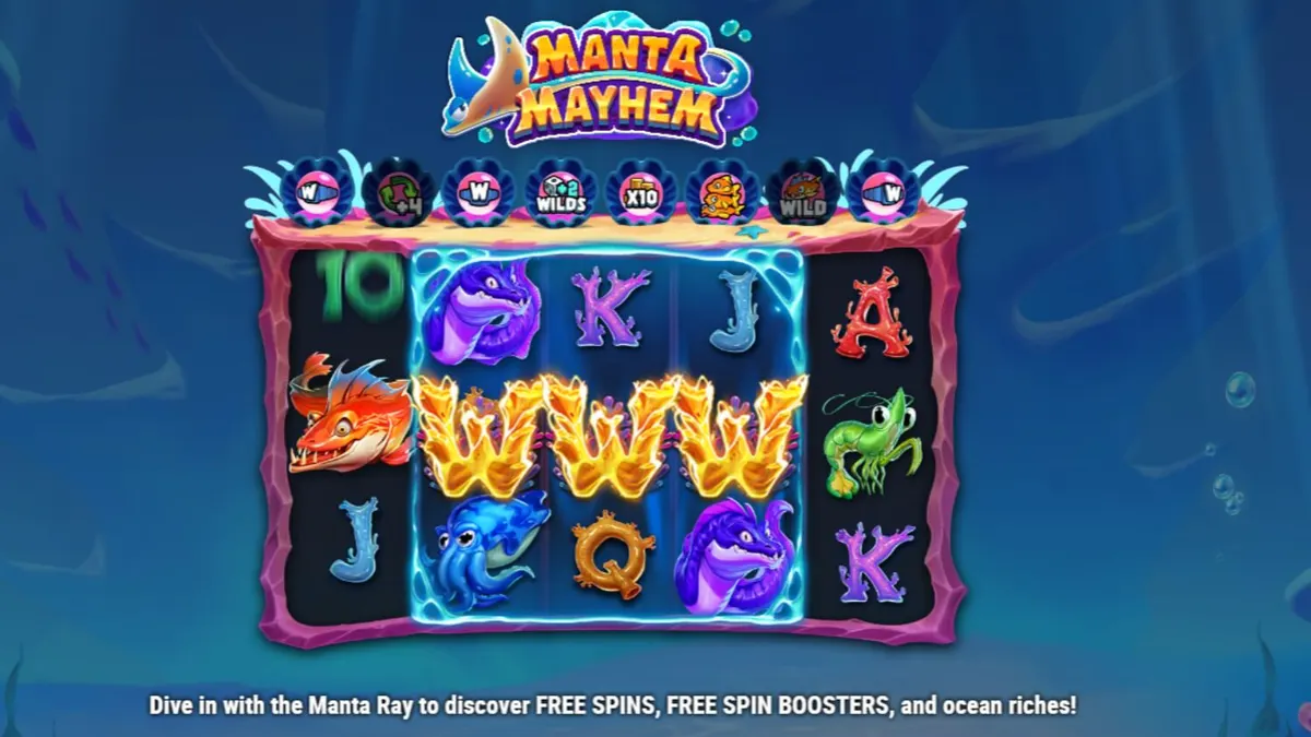 Isang makulay na underwater slot machine na may temang Manta Mayhem